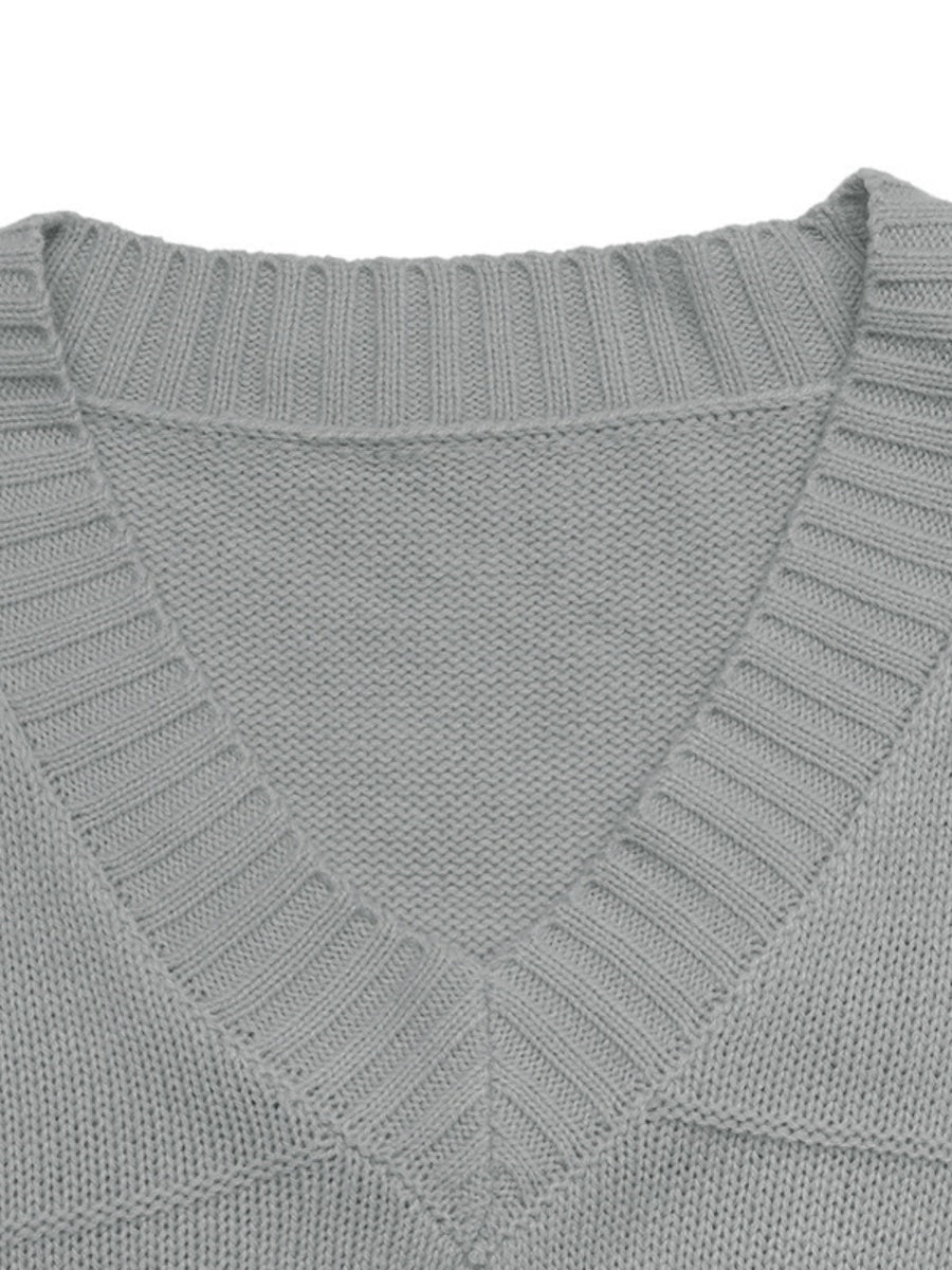 Women's V-neck Grey Crochet Pullover Sweater