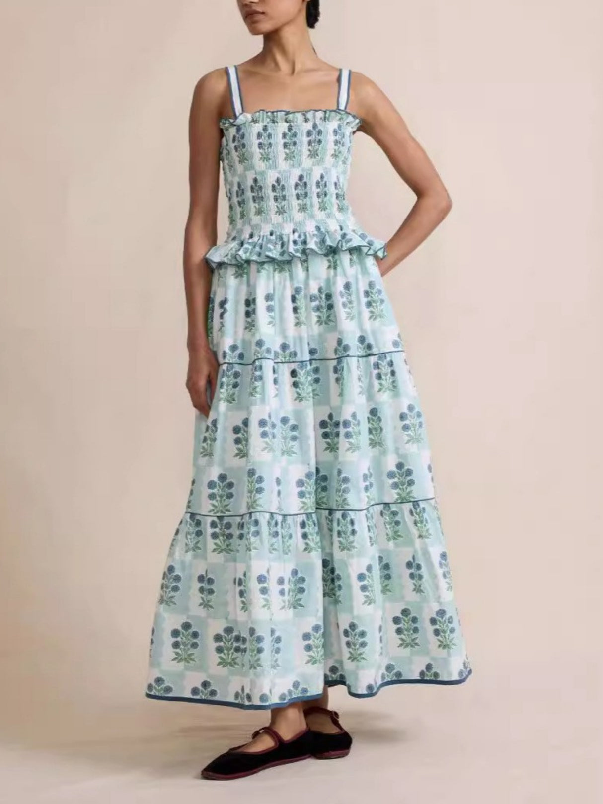 Printed Wavy Edge Spaghetti Strap Long Dress