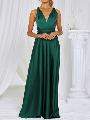 V-neck Satin Ribbon Long Skirt Parties Maxi Dresses