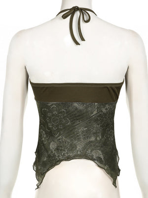 Metal Buckle Pleated Halter Neck And Backless Tank Top