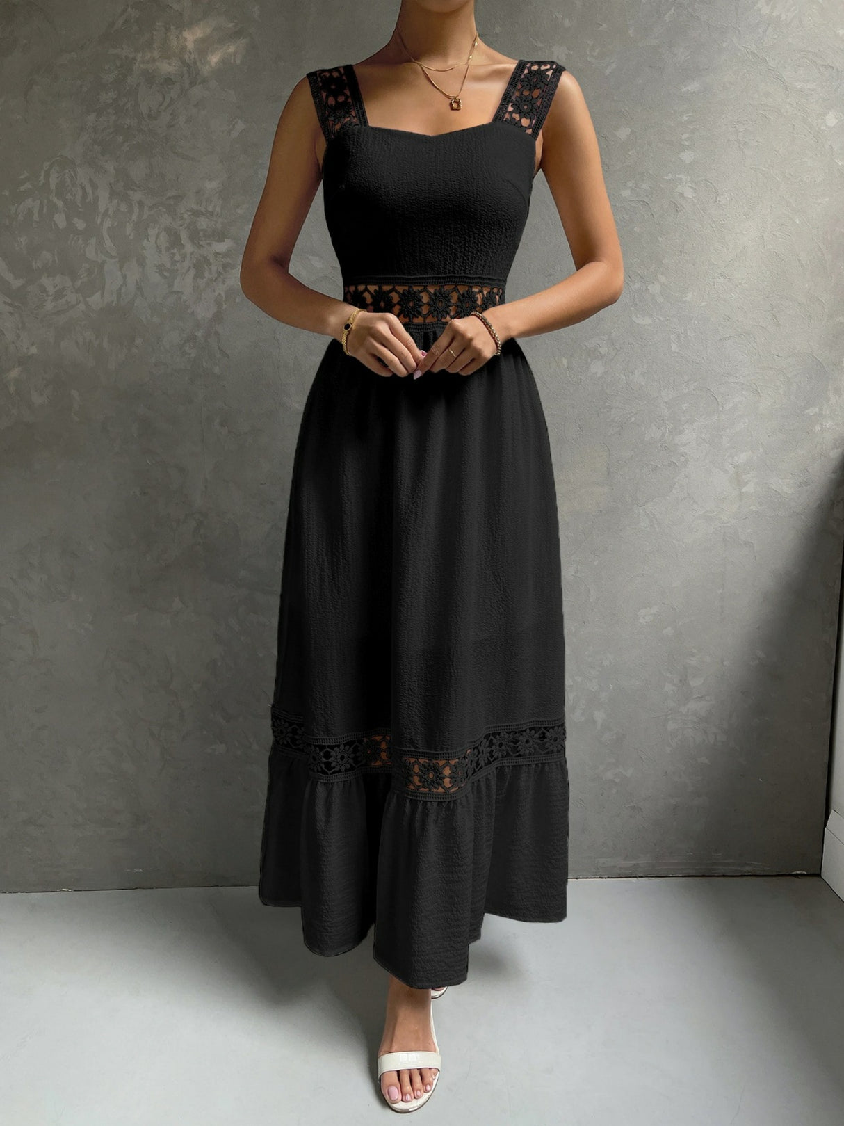 Lace Cutout Trim Sleeveless Patchwork Slim Fit Maxi Dresses
