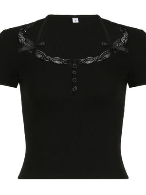Lace Trim Square Neck Long-sleeved Top Button-down Halter Neck Tank Top