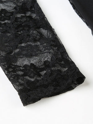 T-shirt sexy à manches longues, col rond et dos nu, orné de patchwork en dentelle