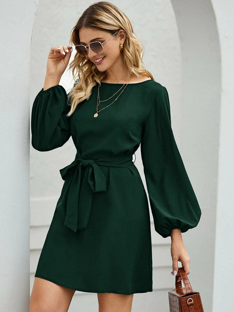 Balloon Sleeve Round Neck Tie High-waisted And Slimming Midi Dresses