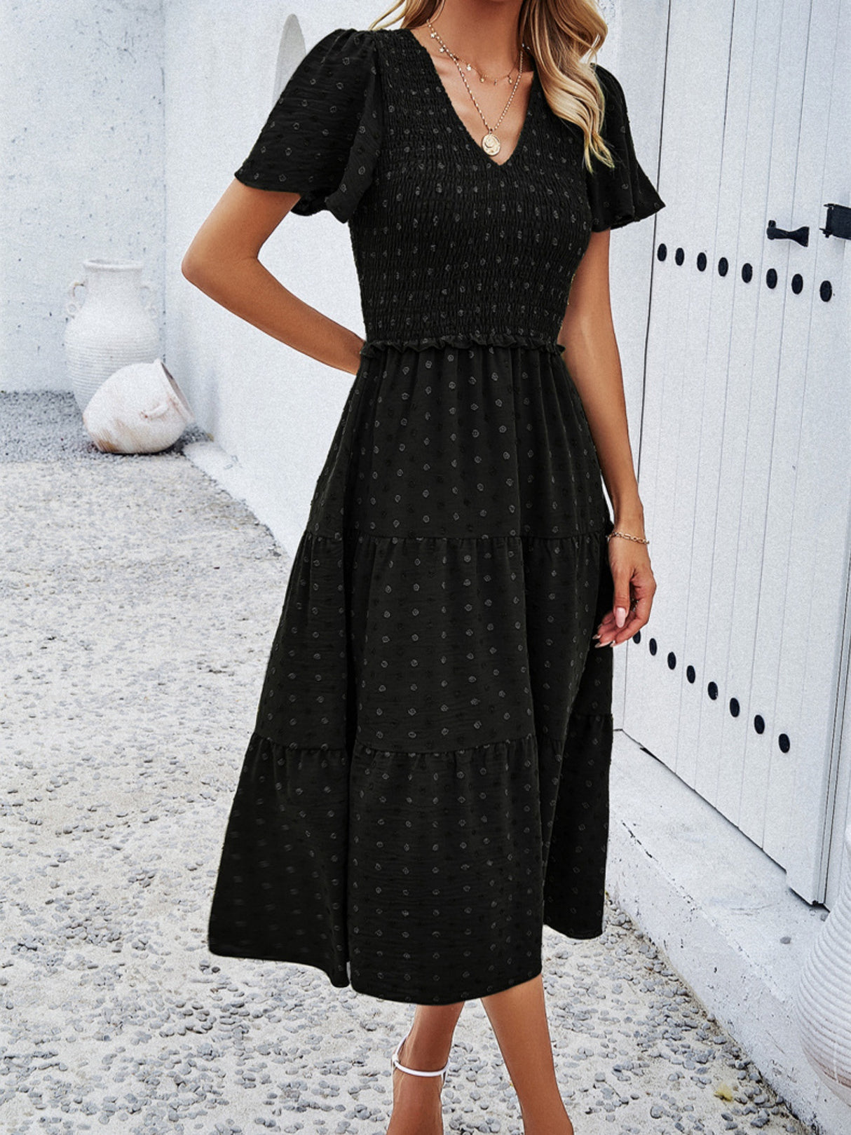Polka Dots V-neck Tucking And Waist-cinching Short Sleeves Maxi Dresses