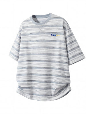 Color-blocked Stripes Letter Applique T-shirts