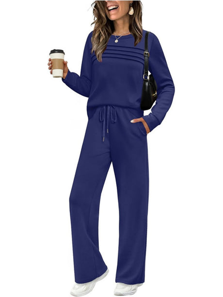 Long-sleeved Round Neck Top And Casual Elastic Waist Wide-leg Pants Two-piece Set