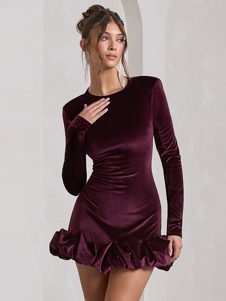 Velvet Round Neck, Three-dimensional Pleated Hem, Long Sleeves, Short Dress