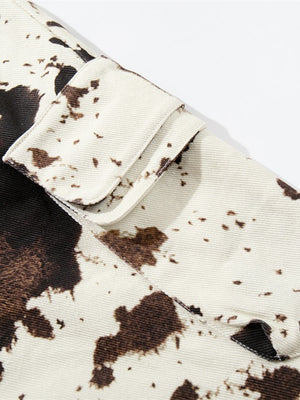 Color-blocked Cow Print Tie-dye Camouflage Denim 7 Points Shorts