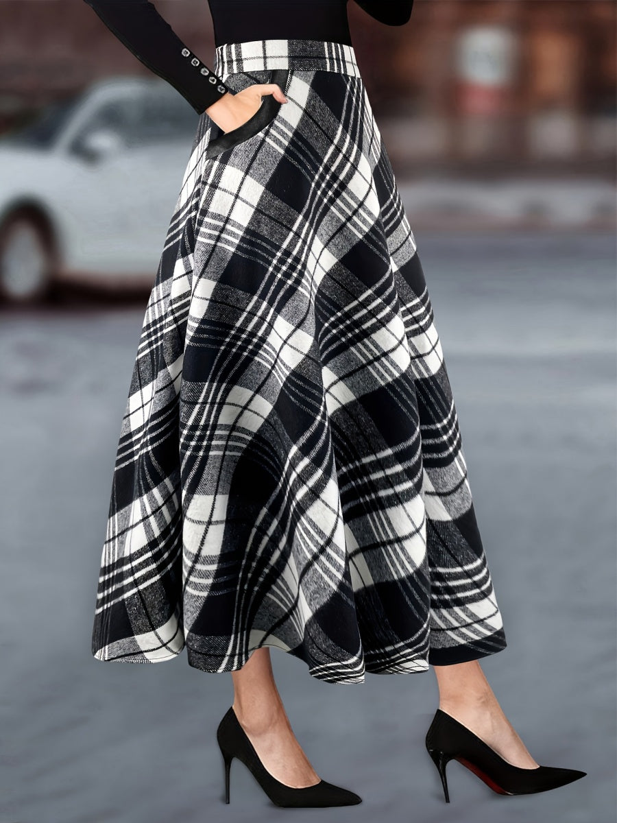 Plaid Woolen Cloth Big Pocket Long Umbrella Skirt Commuting Skirts