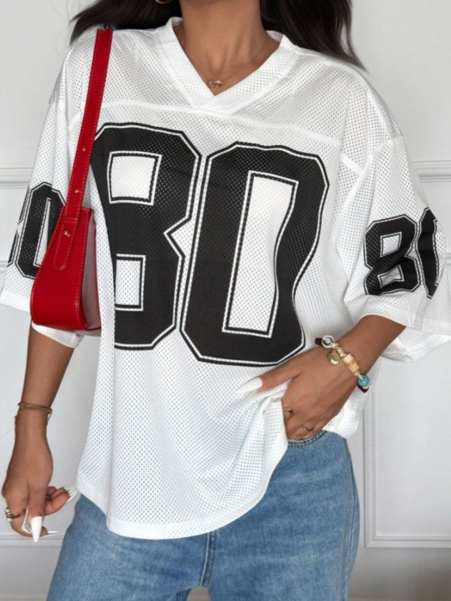 Contrasting Colors Number V-neck, Loose, Casual Basic T-shirts