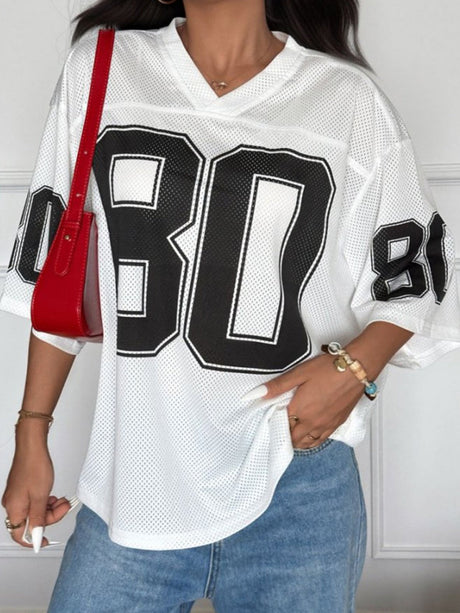 Contrasting Colors Number V-neck, Loose, Casual Basic T-shirts