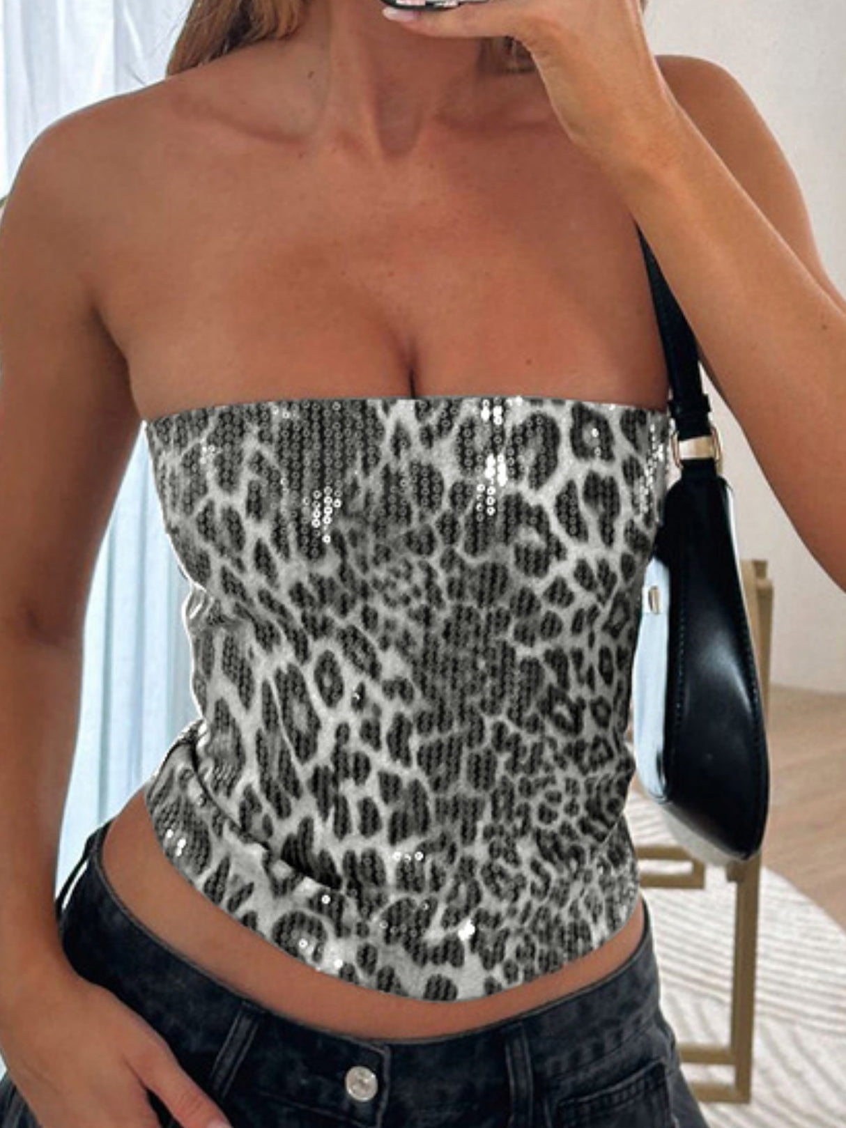Leopard Print Sequins Stretch Strapless Vest