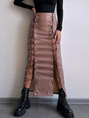 Lace Up Slit PU Leather Bodycon Skirt