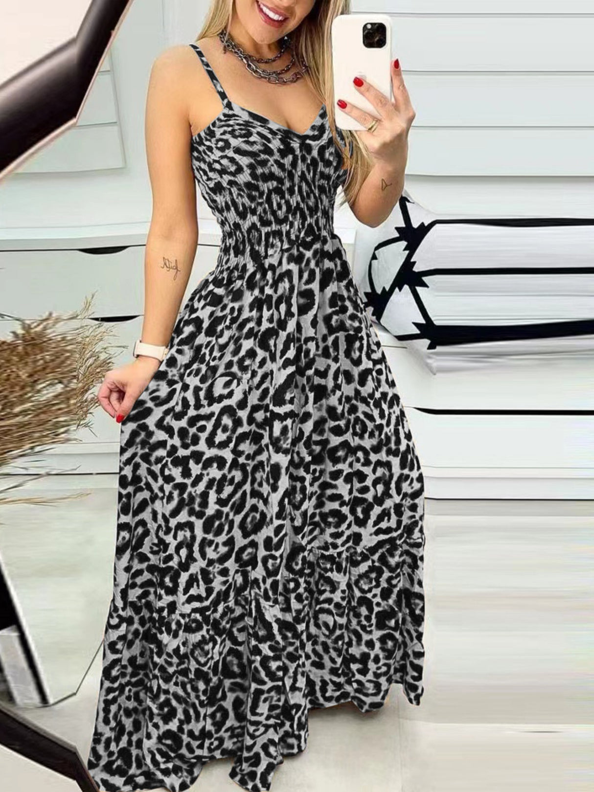 Leopard Print Spaghetti Strap Backless High-waisted And Slimming Maxi Dresses