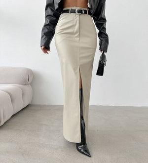 Slit Solid Color High Waist Simple Leather Slim Fit Midi Skirt