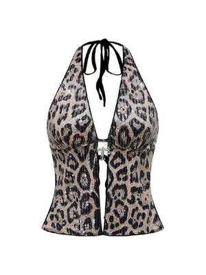 Sequins Leopard Backless Halter Parties Tank Tops