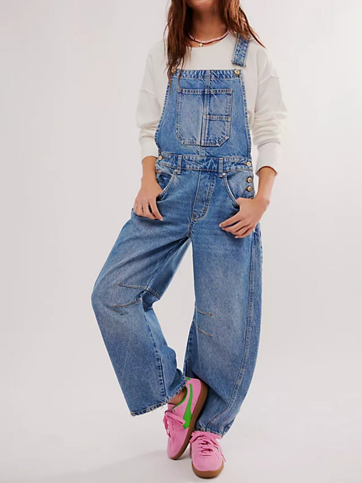 Washed Vintage Loose Straight-leg Cargo Denim Overalls