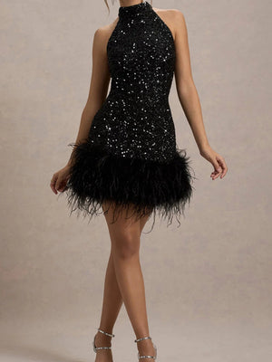 Liber Winter Women's Sequins Solid Color Feather stitching Mini&Short Dresses