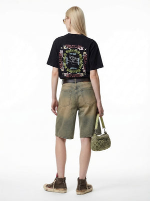 Suede Imitation Embroidery Printed Color-blocked T-shirts