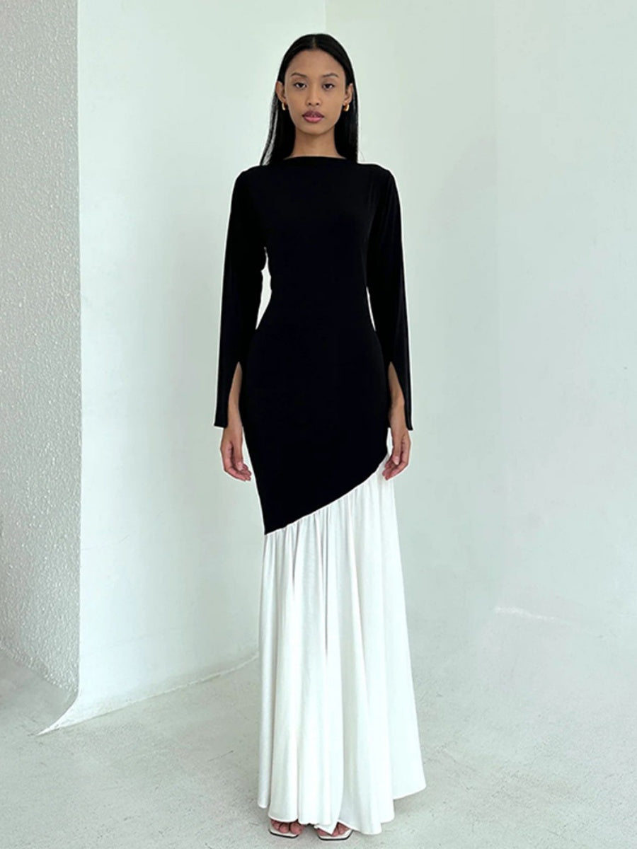 Liber Autumn Women's Contrast color pleats Solid Color Maxi Dresses
