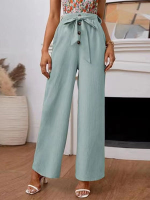 Basic Belt Cotton And Linen Tight Loose Leisure Wide-leg Trousers