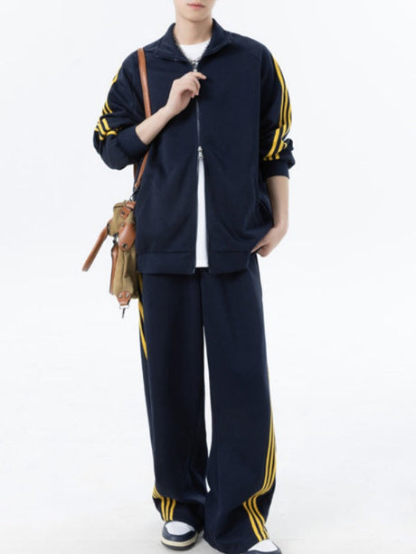 Color-blocked Stripes Straight-leg Trousers Sweatshirts Cardigan Set