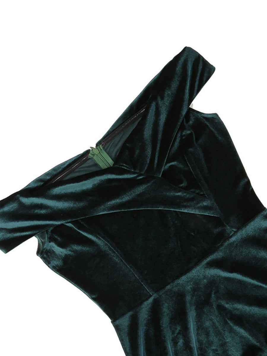 One-shoulder Christmas Velvet Claret A-line Skirt Cocktail Party Formal Midi Dress