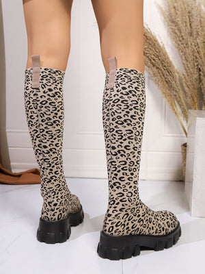 Leopard Print Knee-high Boots, Women's Sock Boots