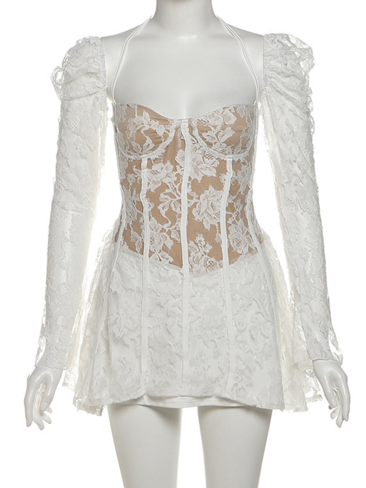 Lace Patchwork Halter Neck And Off-shoulder Waist-cinching And Backless Mini&Short Dresses