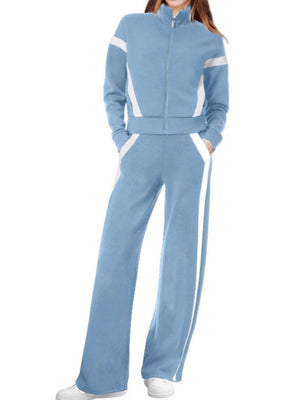 Long Sleeve Coat Stripes Splicing Sports Straight-leg Pants 2-piece Sets
