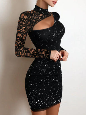 Lace Hollow Out Sequins Solid Color Mini&Short Dresses