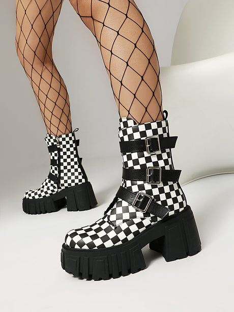 Plaid Denim Biker Punk Ankle Boots