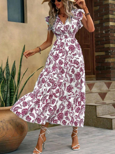 Floral Print V-neck Short Sleeve Maxi Dresses