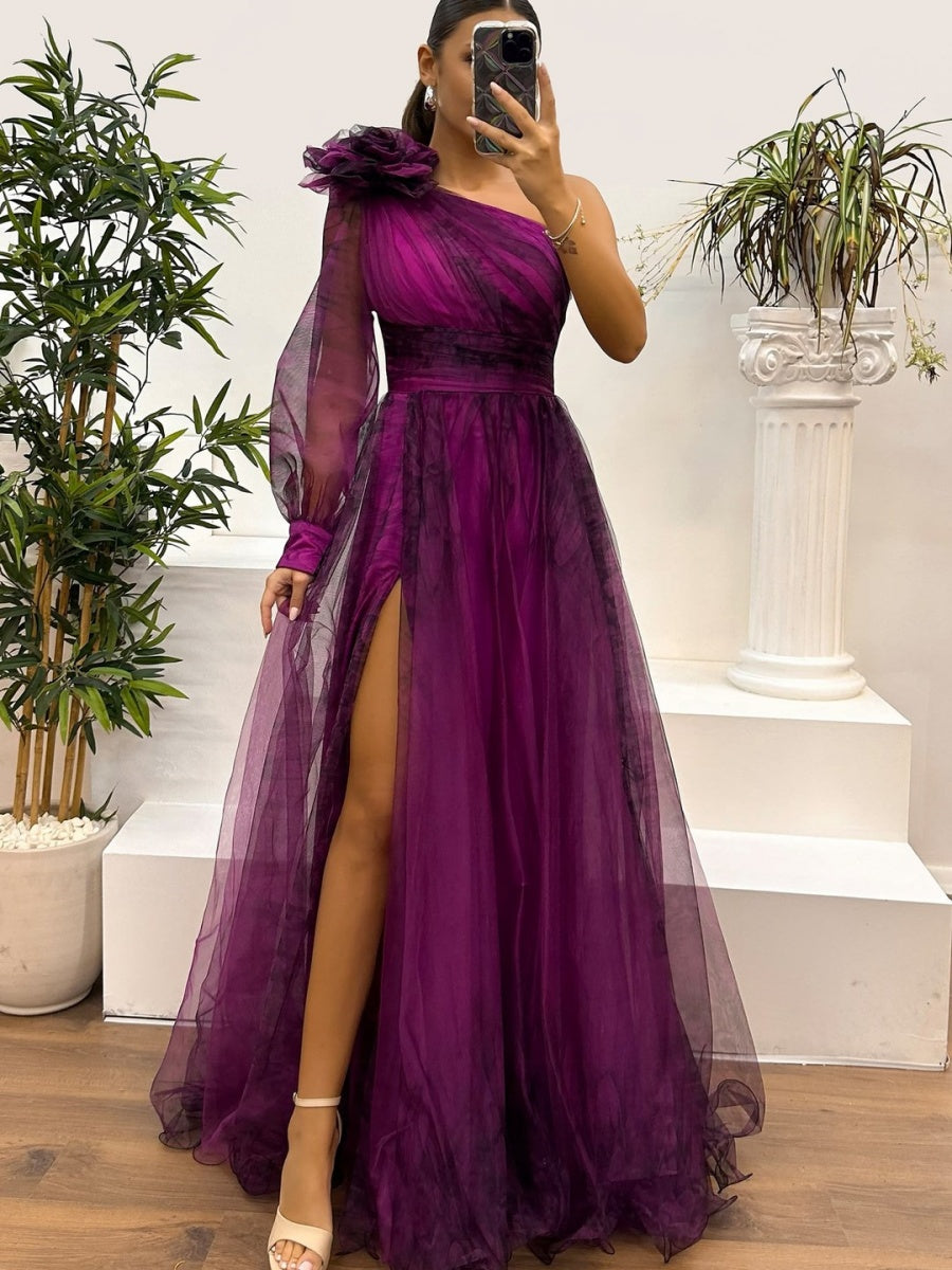 Sloping Shoulders Mesh Printed Reunion Maxi Dresses