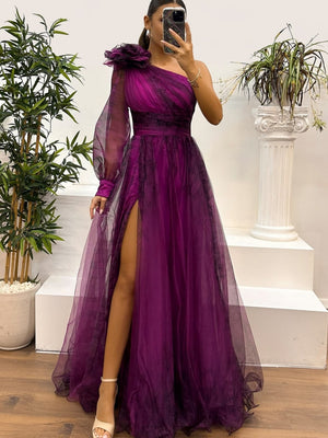 Sloping Shoulders Mesh Printed Reunion Maxi Dresses