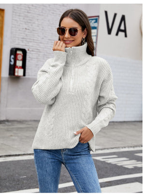 Liber Autumn Women's Zipper Sweaters Color Mixing Long sleeve Lapel Short top