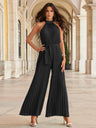 Halter-neck Sleeveless Waist Cinching With Straps High-waisted Pleats Jumpsuits