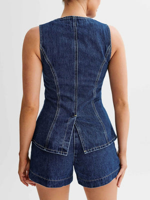 Sleeveless High-waisted Buttons Denim Vest And Shorts 2-piece Sets