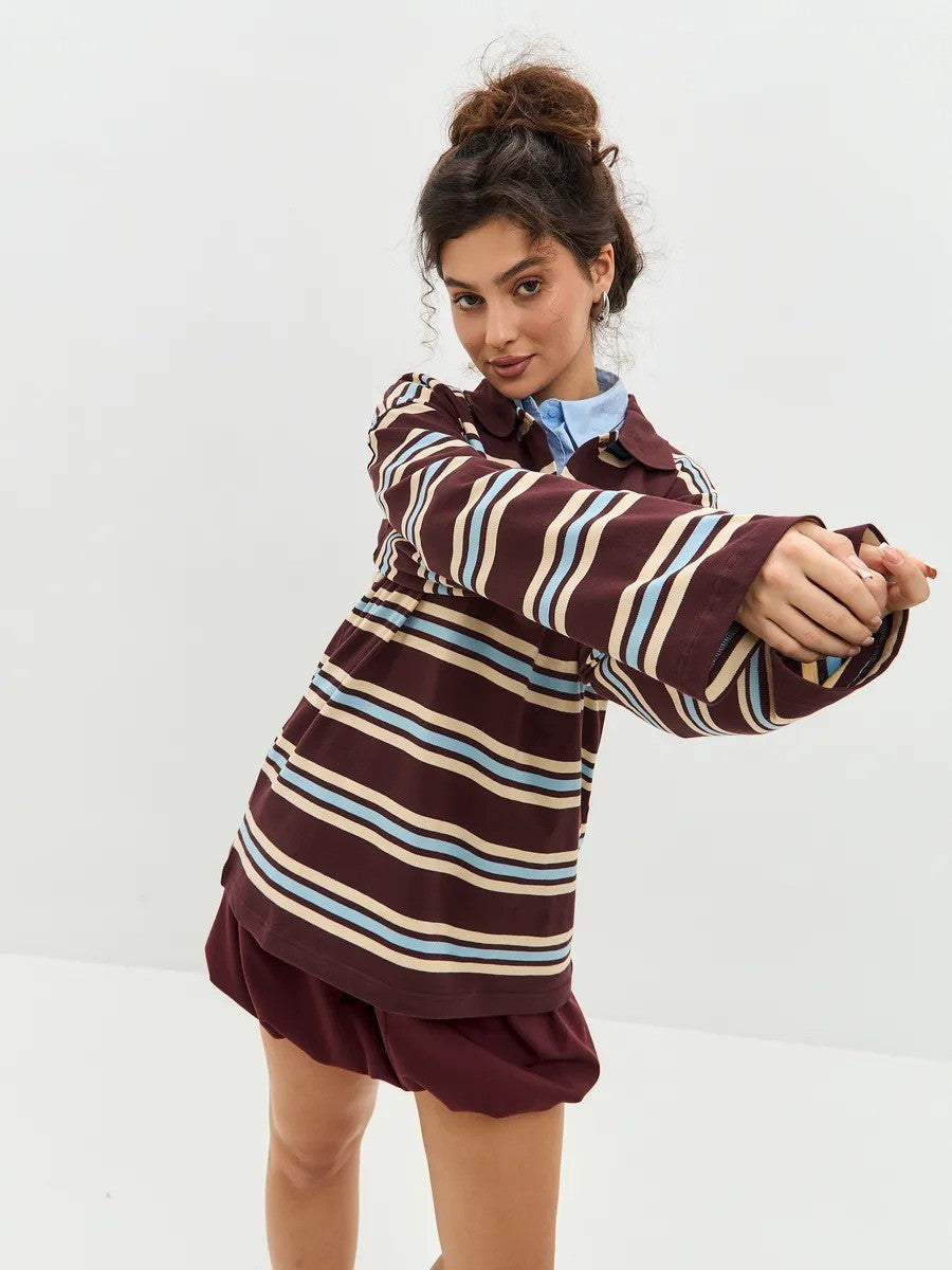 Long-sleeved Striped T-shirt, Polo Collar, Loose-fitting T-shirt