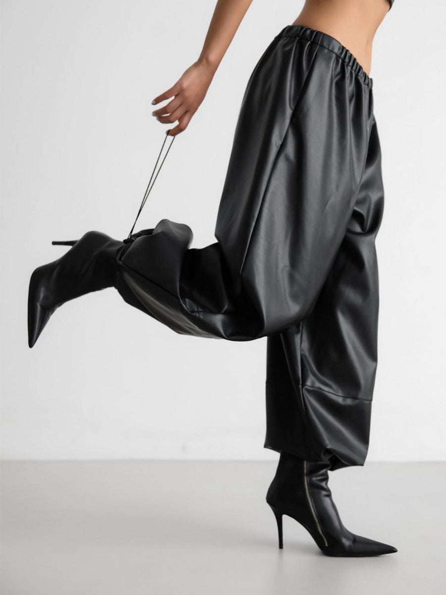 Drawstring Ankle Lantern Pants Loose Leather Pants PU Leather Trousers