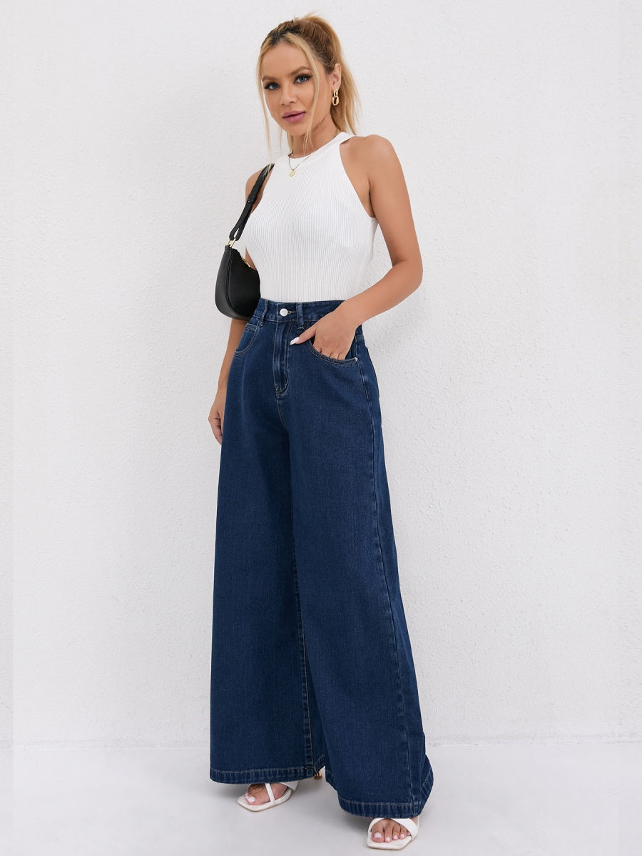 High Waist Dark Blue Wide Leg Mopping Jeans