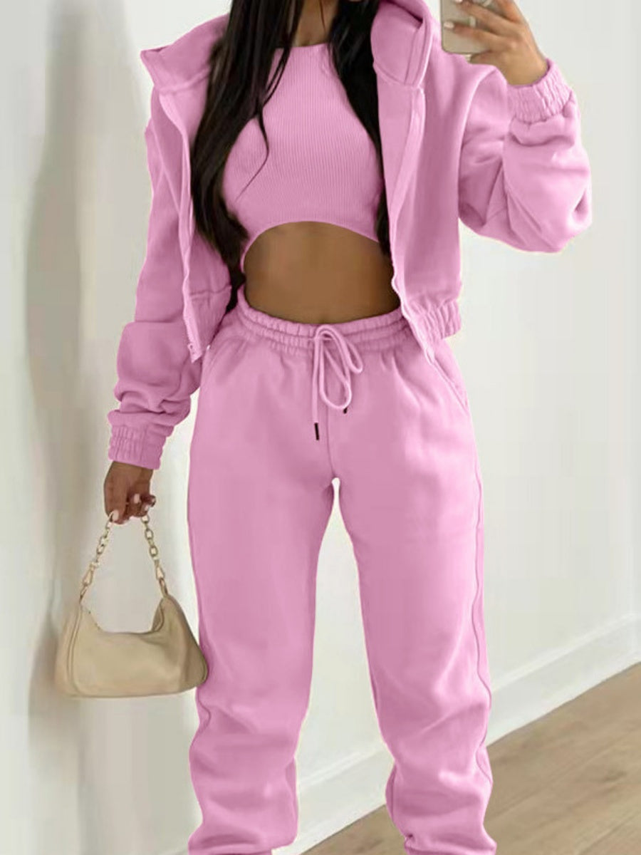 Solid Color Minimalist Hooded Sweatshirt And Casual Sports Pants 3-piece Sets