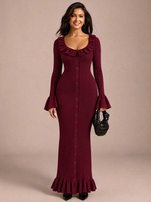 U-neck French Long-sleeved Simple Ruffled Knit Maxi Dress