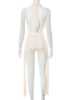 Sway Neck Sleeveless Backless Jacket Tight-fitting Ribbons Super Short Shorts 2-piece Sets