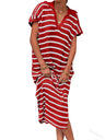 Stripes V-neck Short Sleeve Low-split Lapel Maxi Dresses