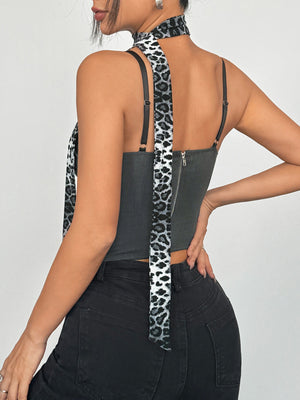 Leopard Print Color Blocking Buttons Fish Bones Tank Tops&Camis