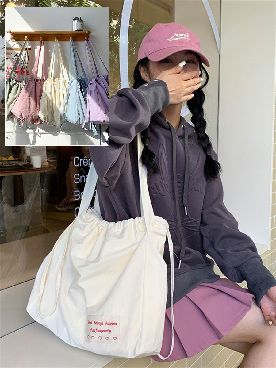 Liber ACC Large Capacity Embroidered Drawstring Solid Color Tote Bag