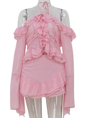 Ruffle Neck Strap Off-shoulder Long-sleeved Top And Skirt Sweet 2-piece Sets