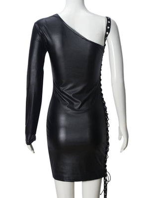 Imitation Leather Hollow Out Asymmetrical Collar Tie One-sided Long Sleeve Slim Fit Hip Body Mini&Short Dresses